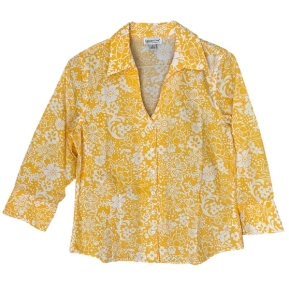 COLDWATER CREEK Top Button Up V Neck Collar Floral Yellow White Women Size M